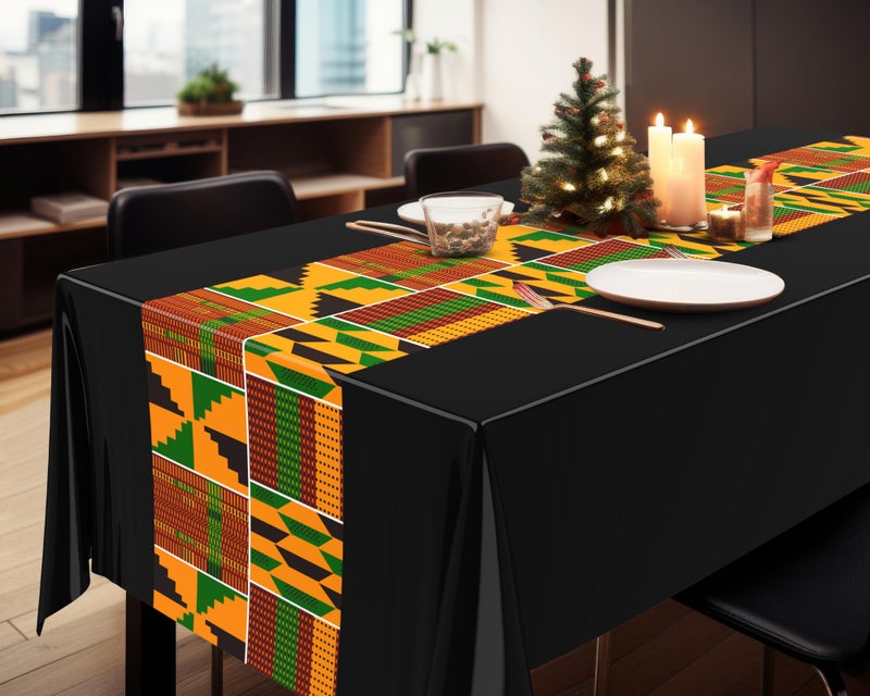 Oudain 6 Pcs 54" x 108" Kente Plastic Tablecloths Black History Month Table Covers Juneteenth Tablecloths Disposable African American Table Decorations for Kwanzaa Home Decor(Black,Fresh) - Image 4