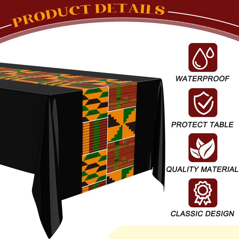 Oudain 6 Pcs 54" x 108" Kente Plastic Tablecloths Black History Month Table Covers Juneteenth Tablecloths Disposable African American Table Decorations for Kwanzaa Home Decor(Black,Fresh) - Image 3