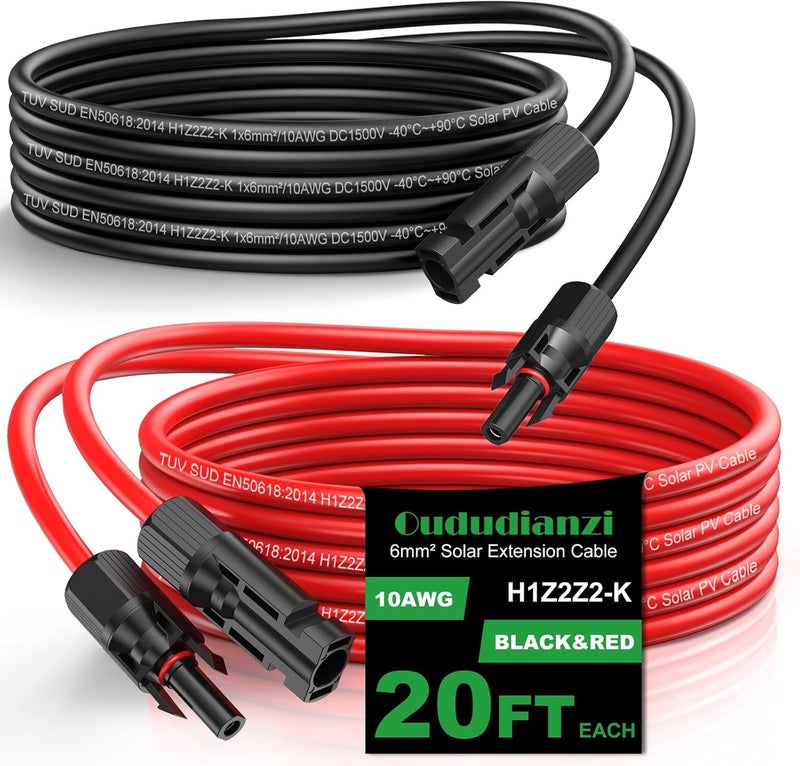 Oududianzi Solar Extension Cable 20Ft, Solar Wire 10AWG, Tinned Copper PV Cable 10Gauge, Solar Panel Cables with Waterproof Connectors for Home Boat RV Outdoor Camping Solar Panels - Image 1
