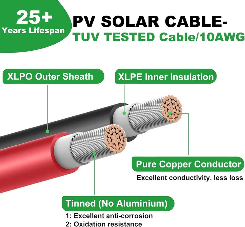 Oududianzi Solar Extension Cable 20Ft, Solar Wire 10AWG, Tinned Copper PV Cable 10Gauge, Solar Panel Cables with Waterproof Connectors for Home Boat RV Outdoor Camping Solar Panels - Image 2