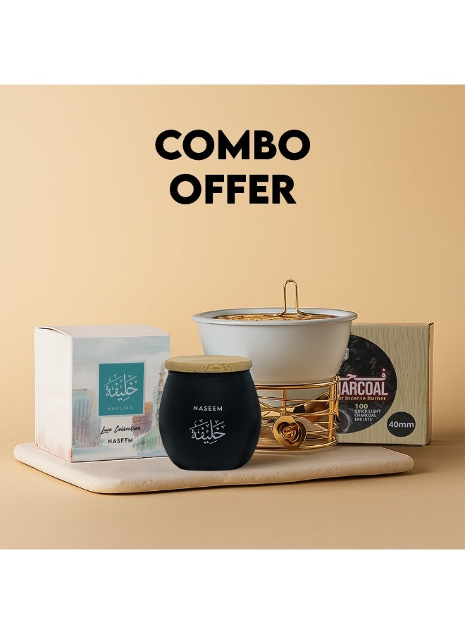 Naseem Luxury Oud Muattar Khalifa Bakhoor Set with Premium Burner & 100 Charcoal Tablets for Home Fragrance