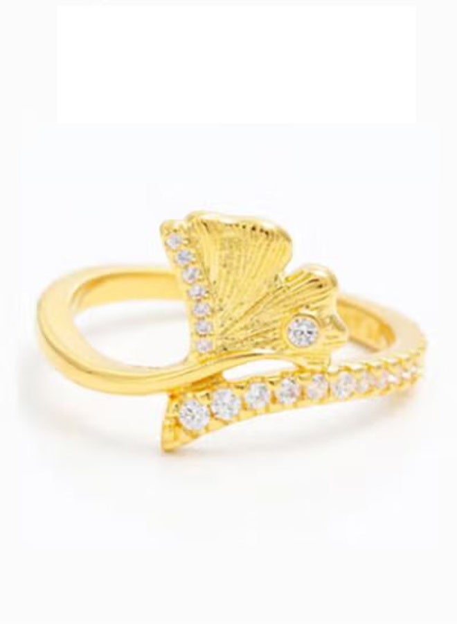 Gold Ginkgo Leaf Paved Crystal Ring Vintage Luxury Open Band For Women