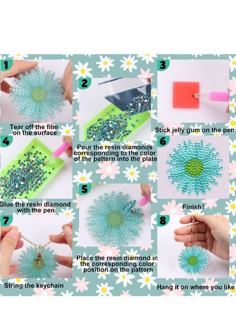 SYOSI Spring Flowers Diamond Painting Keychains Daisy Sunflower Diamond Art Key Rings Double Sided Full Drill Diamond Keychains Colorful Flowers Hanging Ornaments for DIY Crafts Home Party Decor(12 PCS) - Image 3