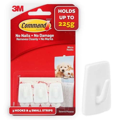 Command 3M Command Micro Wall Hooks, Holds 225gms, No paint Damage, Holds Strongly, Reusable, Adhesive hooks for wall, Multi-surface (White, 3 hooks, 4 strips) - Image 1