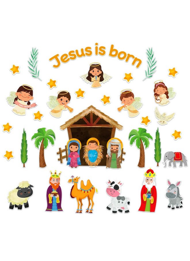 WaaHome - Jesus Is Born Christian Bulletin Board Decorations Set 38Pcs Religious Nativity Scene Cutouts Birth Of Jesus Bulletin Board Borders For Kids Christmas Sunday School Classroom Decorations - Image 1