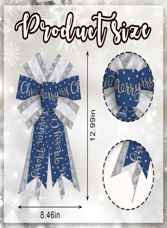 Glodecart 2PCS Merry Christmas Bow for Wreath, Glitter Silver Blue Wreath Bow for Christmas Décor Winter Bow for Front Door Indoor Outdoor Wall Tree Topper Decoration Supplies Xmas Hanging Ornament - Image 2