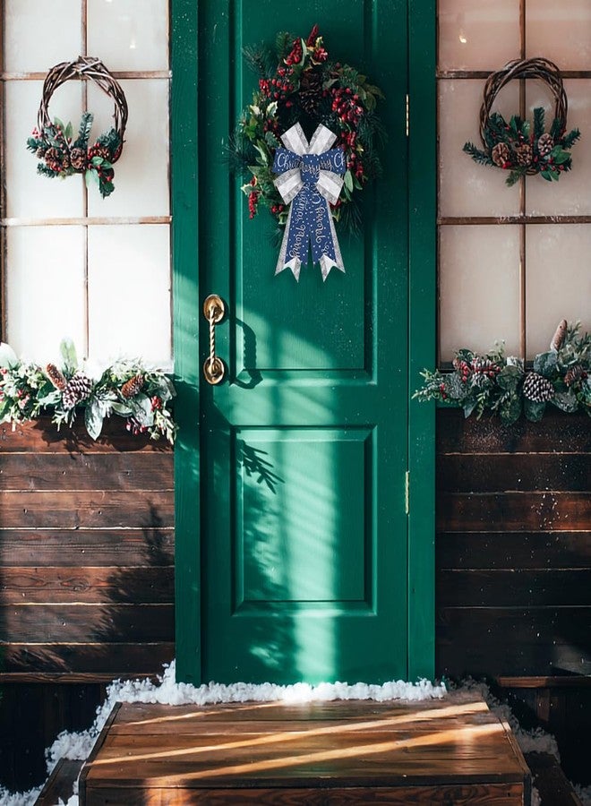 Glodecart 2PCS Merry Christmas Bow for Wreath, Glitter Silver Blue Wreath Bow for Christmas Décor Winter Bow for Front Door Indoor Outdoor Wall Tree Topper Decoration Supplies Xmas Hanging Ornament - Image 3