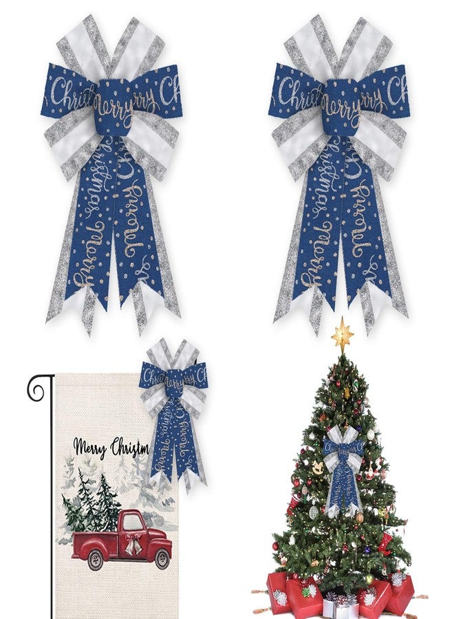 Glodecart 2PCS Merry Christmas Bow for Wreath, Glitter Silver Blue Wreath Bow for Christmas Décor Winter Bow for Front Door Indoor Outdoor Wall Tree Topper Decoration Supplies Xmas Hanging Ornament - Image 1
