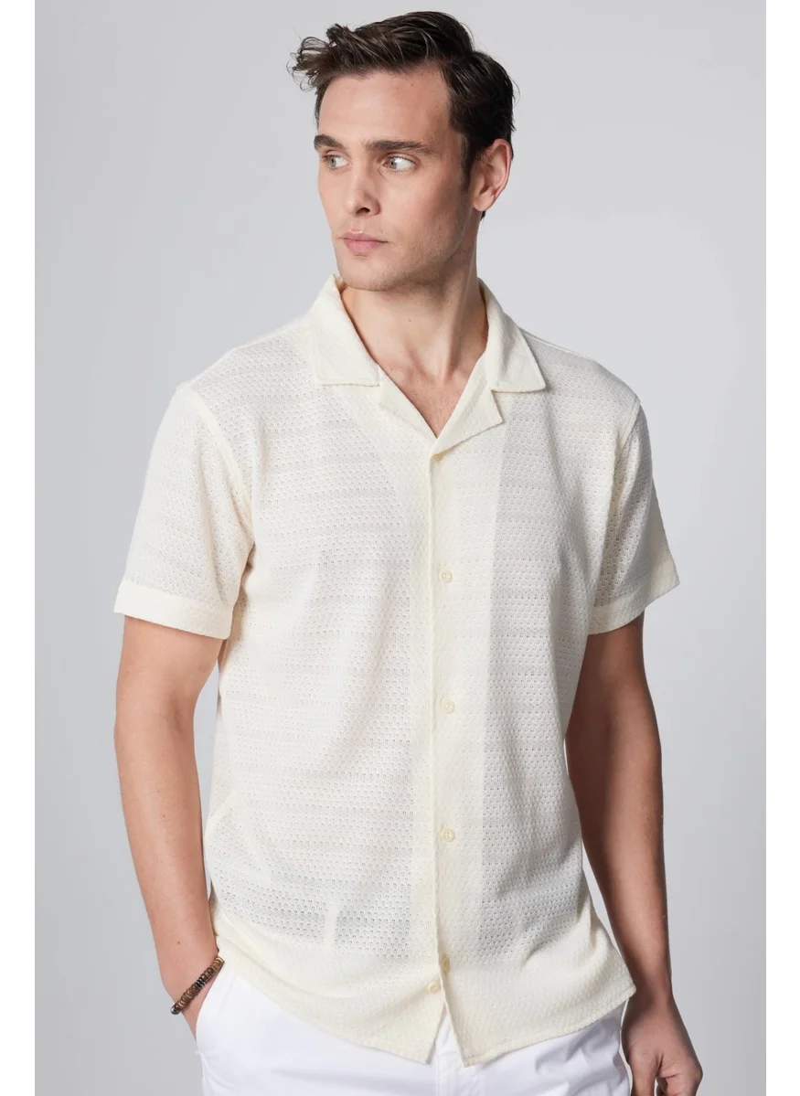 تودورس Slim Fit Short Sleeve Slim Fit Applique Collar Knitted Fabric Summer White Men's Shirt