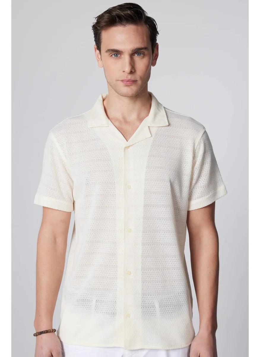 تودورس Slim Fit Short Sleeve Slim Fit Applique Collar Knitted Fabric Summer White Men's Shirt