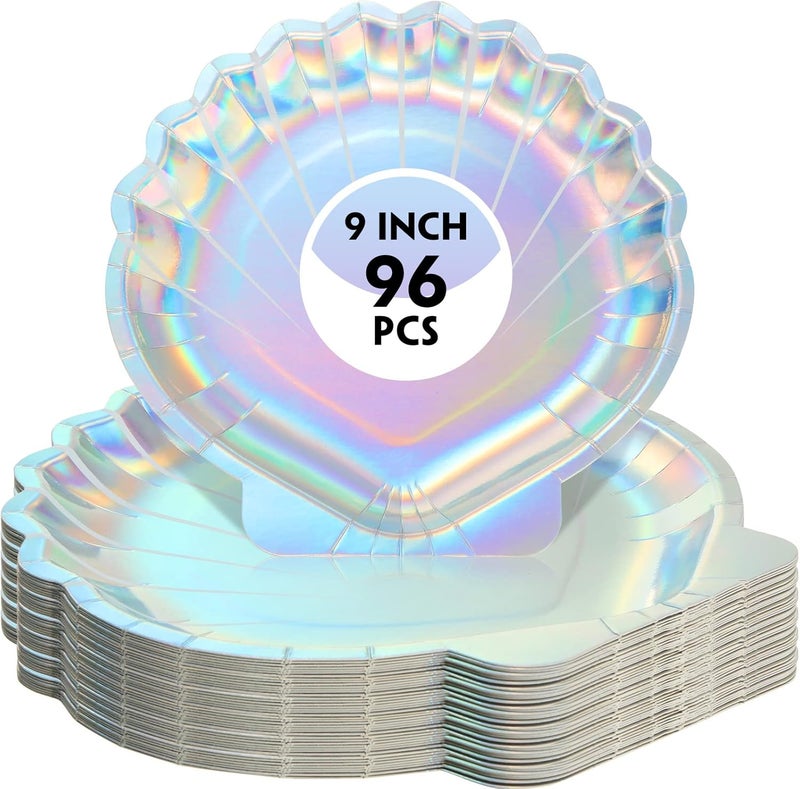 Zopeal 96 Pcs Mermaid Paper Plates Seashell Plates Party Supplies 9 Inch Disposable Iridescent Holographic for Girl Kids Birthday Party Decorations - Image 1