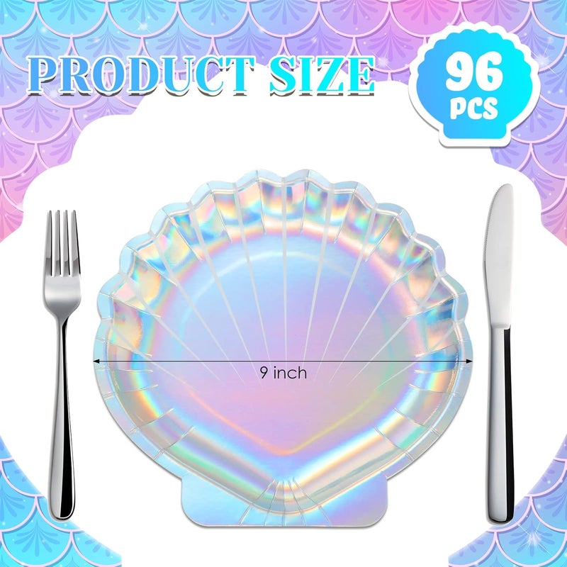 Zopeal 96 Pcs Mermaid Paper Plates Seashell Plates Party Supplies 9 Inch Disposable Iridescent Holographic for Girl Kids Birthday Party Decorations - Image 2