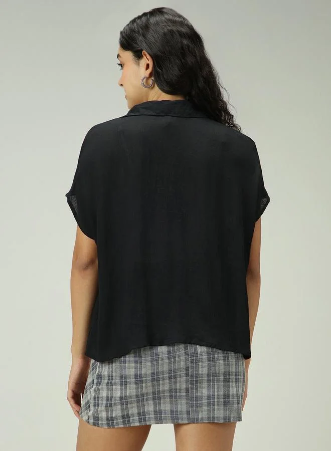 Outzidr  Black Solid Flowy Shirt for Women | Best Price UAE