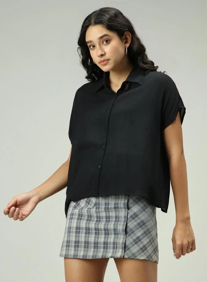 Outzidr  Black Solid Flowy Shirt for Women | Best Price UAE