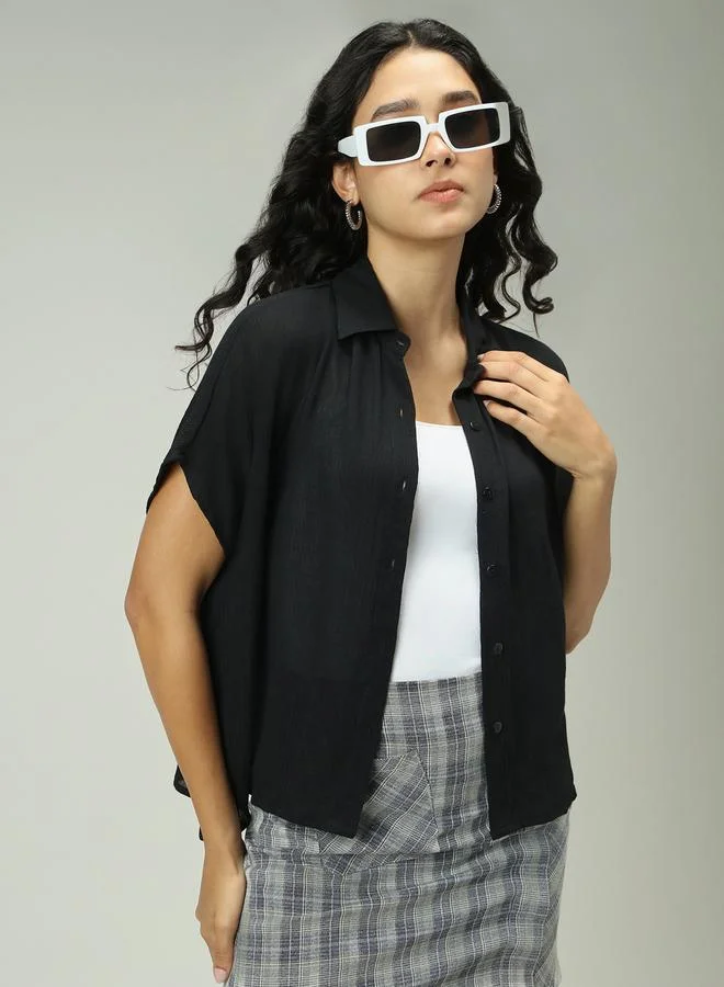 Outzidr  Black Solid Flowy Shirt for Women | Best Price UAE