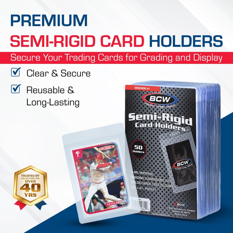 BCW Semi Rigid Card Holder #1 | 50 Pack | Semi Rigid Card Sleeves for Grading | PSA Submission I for Sports, PokÃ©mon, and Memorabilia Cards - Image 2