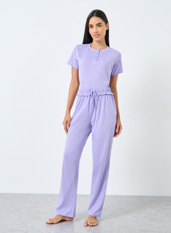 ستايلي طقم تيشيرت محبوك بنفسجي وبجامة - Image 4