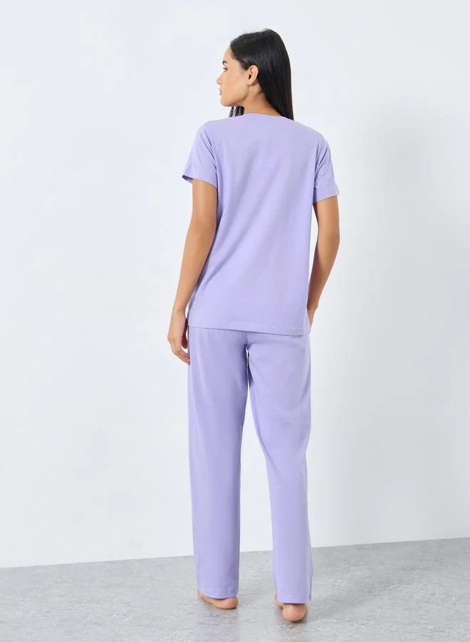 Styli Styli Lilac Knitted T-Shirt and Pyjama Set
