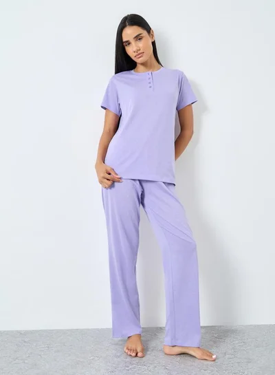 Styli Styli Lilac Knitted T-Shirt and Pyjama Set