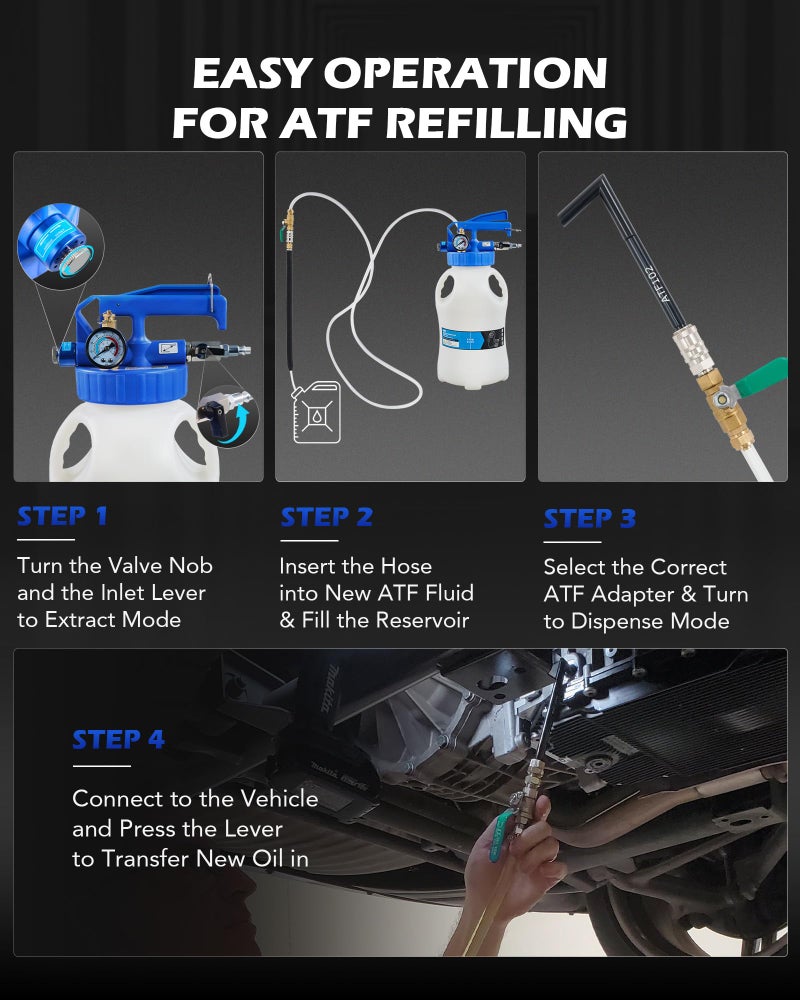 Orion Motor Tech Oil Extractor Pump and Dispenser Tool Kit, 6L Pneumatic Transmission Fluid Bleeder Set, 1.6 gal 2 Way Vacuum Fluid Evacuator and Filler Oil Change Kit 15 ATF Refill Adapters 3 Hoses - Image 3