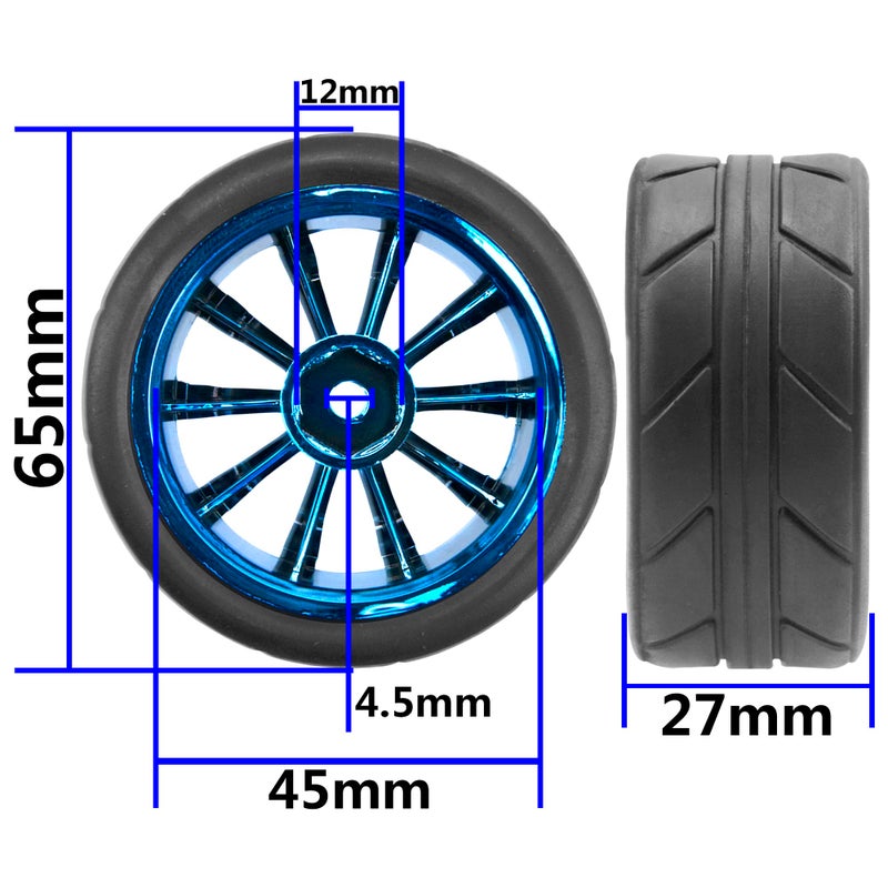 Share Goo ShareGoo OD 2.55" Rubber Tires w/Plastic Wheel Rims 12mm Hex Compatible with HSP Tamiya Kyosho Traxxas Sakura WLtoys 1/10 RC On Road Racing Touring Car (Blue) - Image 2