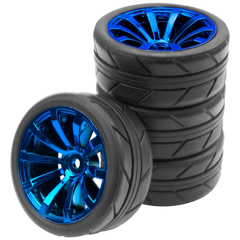 Share Goo ShareGoo OD 2.55" Rubber Tires w/Plastic Wheel Rims 12mm Hex Compatible with HSP Tamiya Kyosho Traxxas Sakura WLtoys 1/10 RC On Road Racing Touring Car (Blue) - Image 1