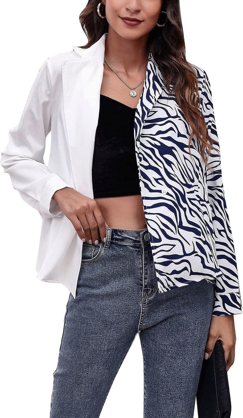 klarako Women Shirt Blazer Color Block Splicing Long Sleeve Button Down Lapel Blouse Top Outwear Casual Loose Suit Jacket Shacket - Image 1