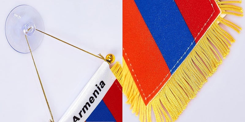 WXTWK 3 X 5 Inch Armenia Flag Armenian Window Hanging Flag Small Mini Car Flags Banners Rearview Mirror Decoration With Suction Cup Golden Fringy Banner - Image 3