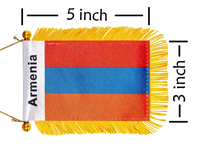 WXTWK 3 X 5 Inch Armenia Flag Armenian Window Hanging Flag Small Mini Car Flags Banners Rearview Mirror Decoration With Suction Cup Golden Fringy Banner - Image 2