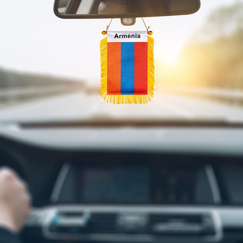WXTWK 3 X 5 Inch Armenia Flag Armenian Window Hanging Flag Small Mini Car Flags Banners Rearview Mirror Decoration With Suction Cup Golden Fringy Banner - Image 4