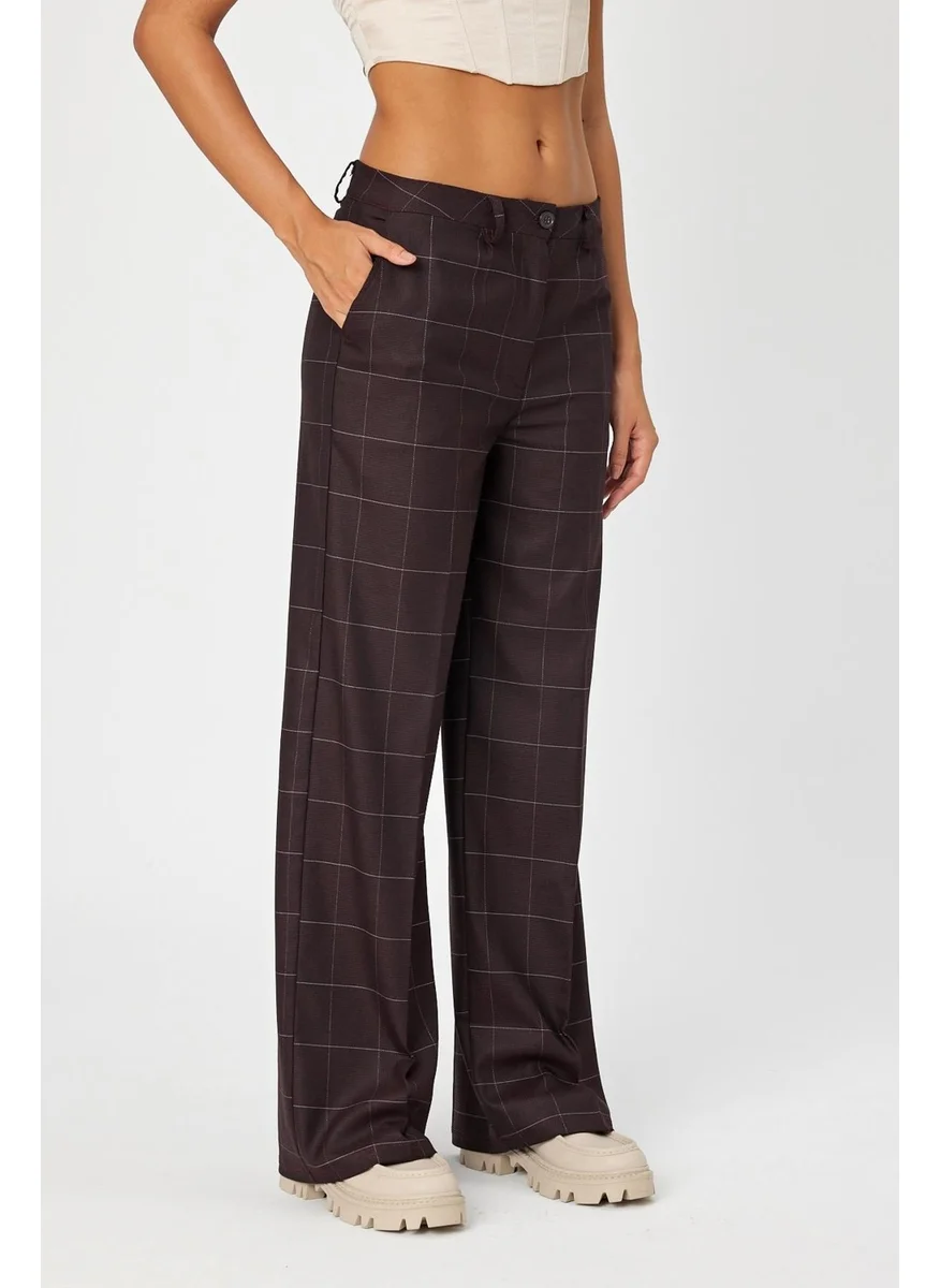 Alexander Gardi Alexandergardi Wide Leg Wide Leg Checkered Double Pocket Classic Women's Trousers (B24-0001)