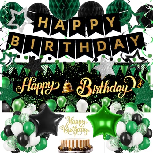IHEPYQ Green Black Birthday Decorations Happy Birthday Banner Backdrop Balloons Honeycomb Balls Star Foil Balloons Stars Hanging Swirls Cake Topper for Baby Boys Girl Men Women Birthday Decoration - Image 1