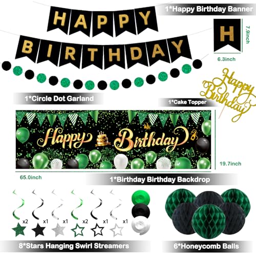 IHEPYQ Green Black Birthday Decorations Happy Birthday Banner Backdrop Balloons Honeycomb Balls Star Foil Balloons Stars Hanging Swirls Cake Topper for Baby Boys Girl Men Women Birthday Decoration - Image 5