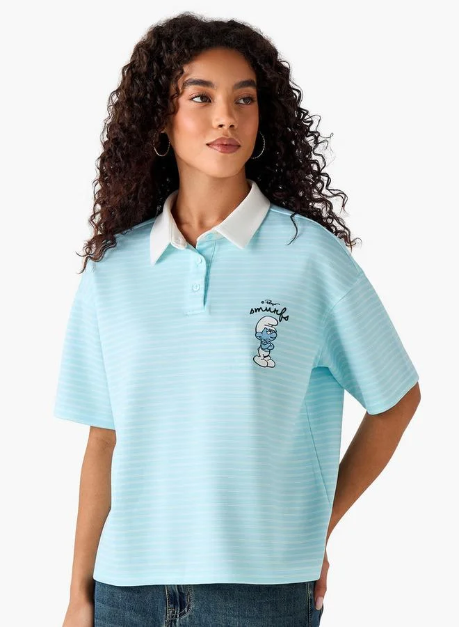 SP Characters Cotton Polo T-shirt with Smurf Print