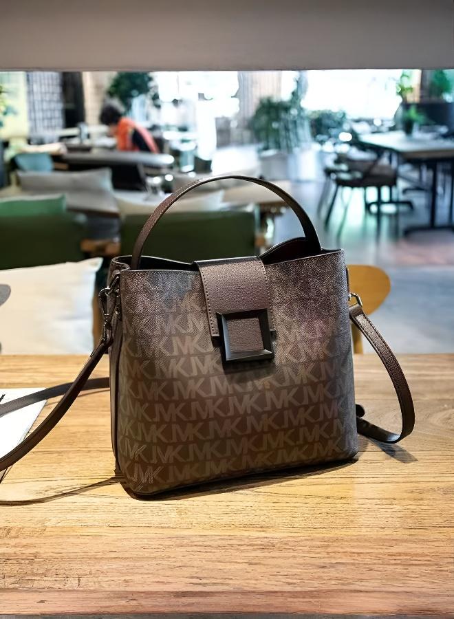 Vintage Bucket Bag for Women, Lightweight PU Leather Crossbody Shoulder Bag, Luxury Feel Monogram Pattern, Versatile for Daily Commute & Shopping, Retro Handbag with Adjustable Strap - Image 1