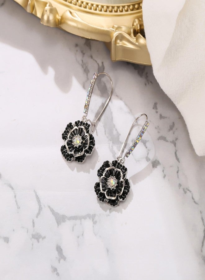 بريلوف أقراط متدلية أنيقة من بريلوف فاشن، مرصعة بأحجار الراين والمينا على شكل وردة، باللونين الأسود والفضي، للنساء - Image 4