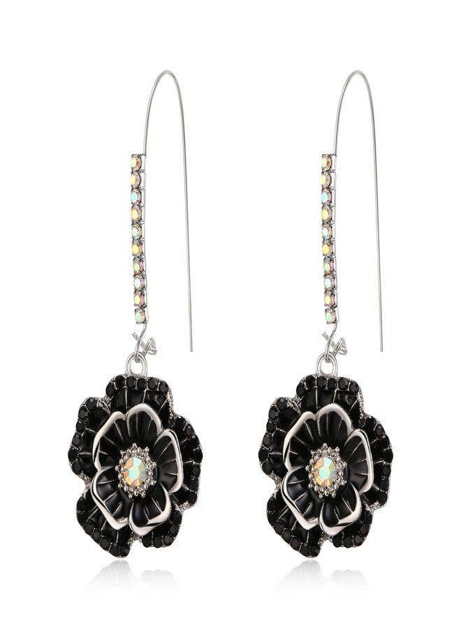 بريلوف أقراط متدلية أنيقة من بريلوف فاشن، مرصعة بأحجار الراين والمينا على شكل وردة، باللونين الأسود والفضي، للنساء - Image 1