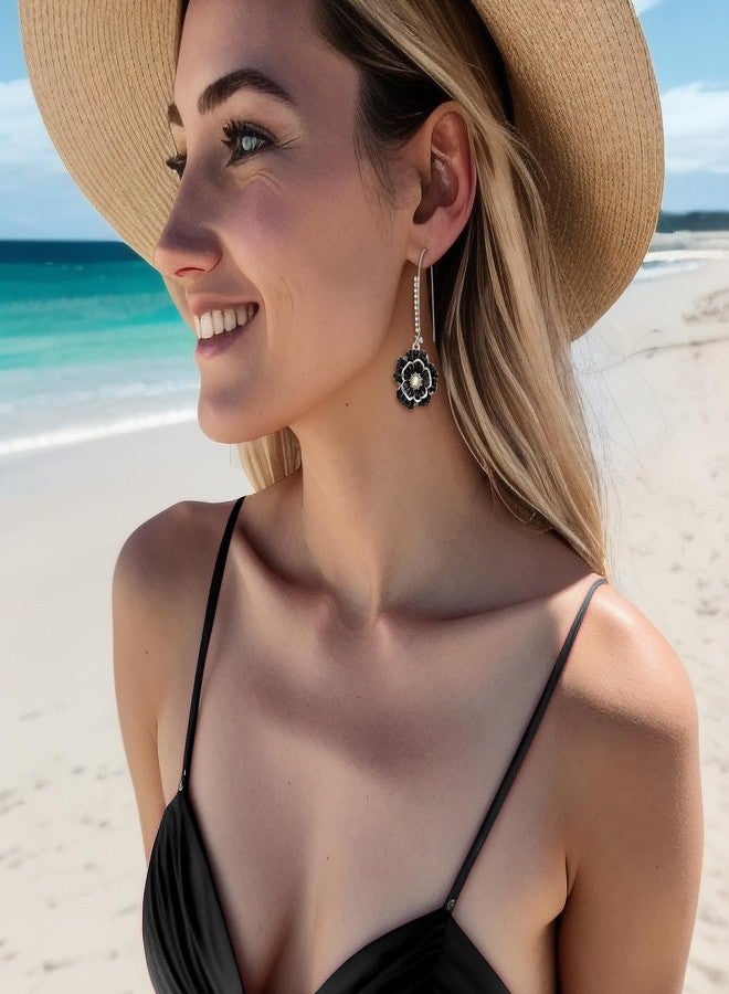 بريلوف أقراط متدلية أنيقة من بريلوف فاشن، مرصعة بأحجار الراين والمينا على شكل وردة، باللونين الأسود والفضي، للنساء - Image 2