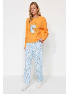 Orange 100% Cotton Cloud Pattern T-shirt-Jogger Knitted Pajamas Set THMAW24PT00005