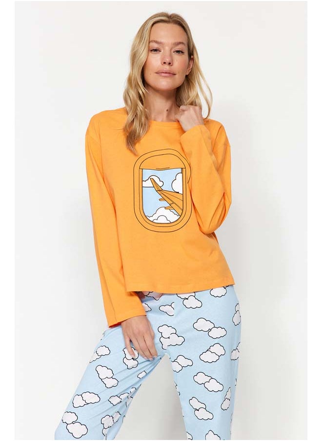 trendyol - Orange 100% Cotton Cloud Pattern T-shirt-Jogger Knitted Pajamas Set THMAW24PT00005 - Image 1
