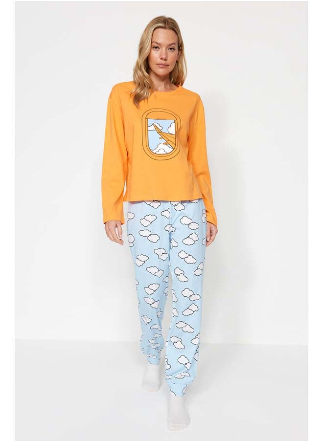 trendyol - Orange 100% Cotton Cloud Pattern T-shirt-Jogger Knitted Pajamas Set THMAW24PT00005 - Image 1