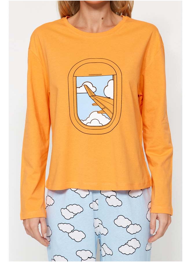 trendyol - Orange 100% Cotton Cloud Pattern T-shirt-Jogger Knitted Pajamas Set THMAW24PT00005 - Image 1