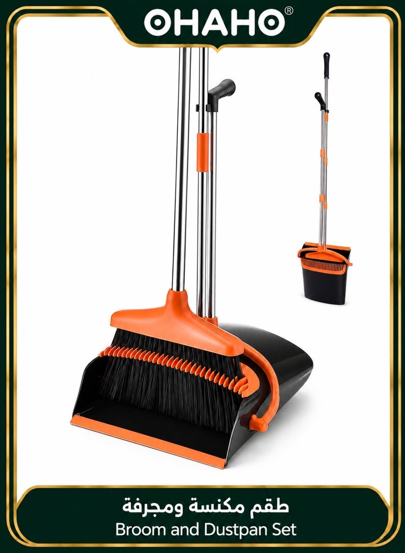 OHAHO Upgrade Broom and Dustpan Set, Self-Cleaning with Dustpan Teeth, Indoor & Outdoor Sweeping, Ideal for Dog Cat Pets Home Use, Stand Up Broom and Dustpan - Orange broom set - Image 1