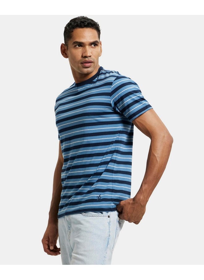 JOCKEY - Jockey Men's Regular Fit Striped Round Neck Half Sleeved T-Shirt 2715_Navy & Steller_XXL - Image 1