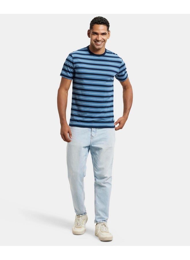 JOCKEY - Jockey Men's Regular Fit Striped Round Neck Half Sleeved T-Shirt 2715_Navy & Steller_XXL - Image 1