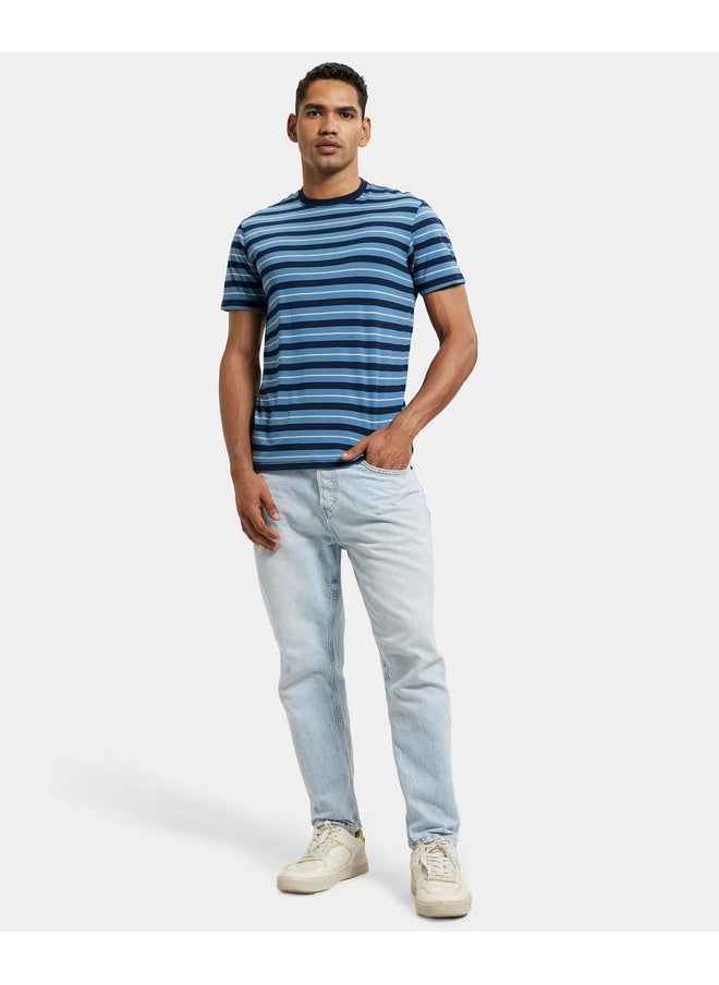 JOCKEY - Jockey Men's Regular Fit Striped Round Neck Half Sleeved T-Shirt 2715_Navy & Steller_XXL - Image 1