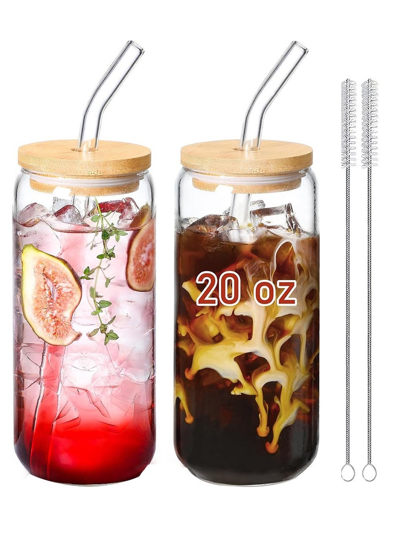 DAMCONME 20 OZ Glass Cups with Bamboo Lids and Glass Straw -2pcs Set Beer Can Shaped Drinking Glasses, Iced Coffee Glasses, Cute Tumbler Cup, Aesthetic Coffee Bar Accessories, Gifts  - Image 1