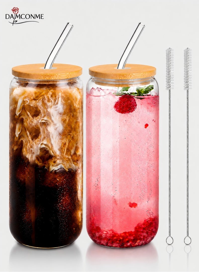 DAMCONME 20oz Glass Cups with Bamboo Lids and Glass Straws – Drinking Glasses Set of 2 - Image 1