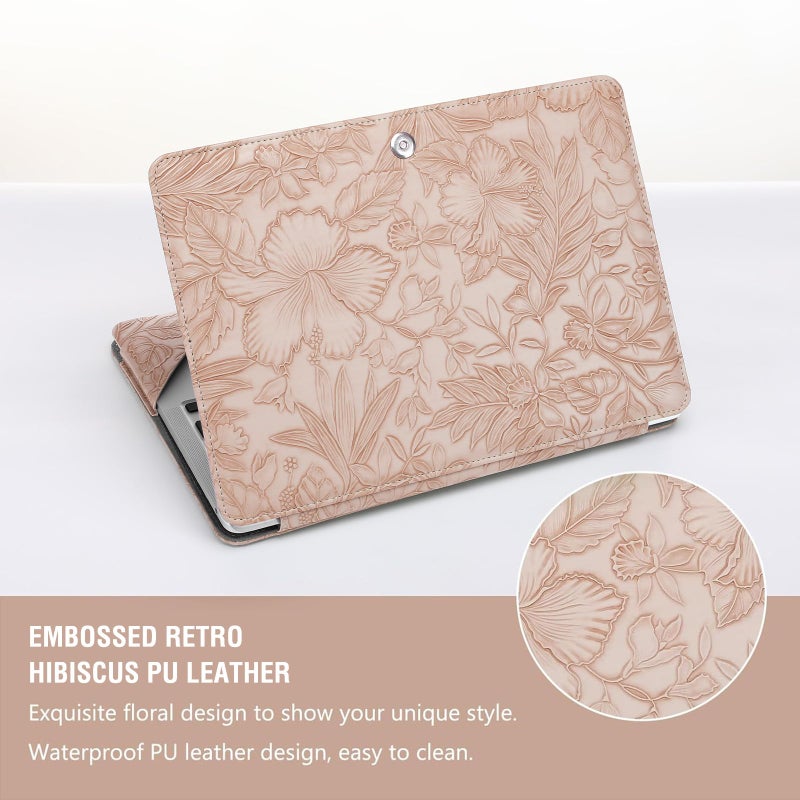 MOSISO Case Compatible with MacBook Air 13.6 inch M4 M3 M2 2025-2022 /Air 13 M1 2022-2018 /Pro 13 M2 M1 2025-2016, Embossed Retro Hibiscus PU Leather Portfolio Protective Stand Cover, Pink - Image 3