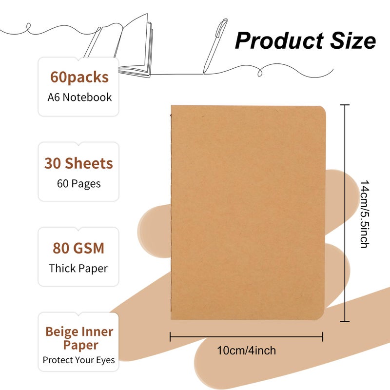 miikoul 60 Packs Kraft Small Blank Notebooks, Unlined Mini A6 Journals Bulk, Blank Notepads for Kids Student Back to School, Office, Sketching, Drawing, Writing Supplies, 5.5" X 4", 30 Sheets/60 Pages - Image 2